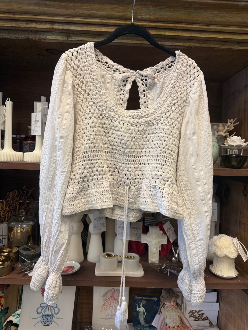 Free People Cream Crochet Tie-Front Peasant Sweater